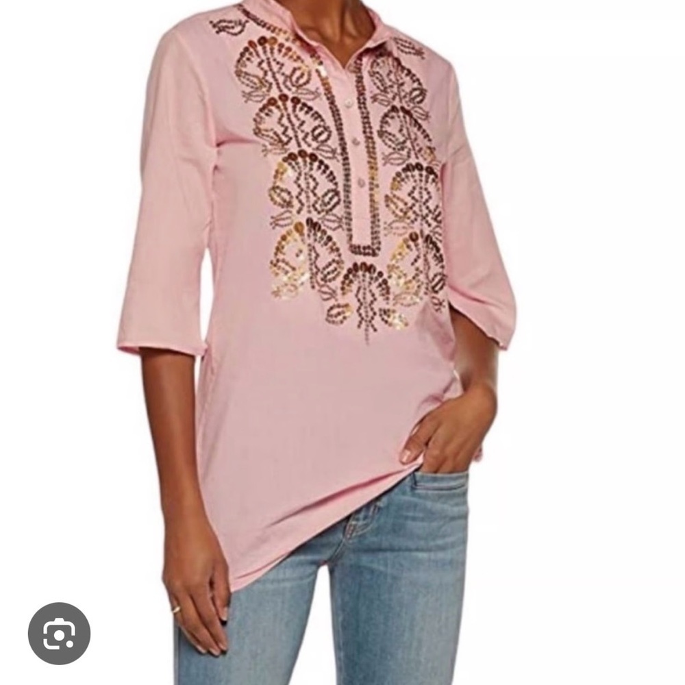 Figue Pink Long-Length Tunic Shirt Top Gold Sequin Detail Size Medium Women's